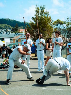 Vibrant capoeira performance with skilled dancers and musical instruments outdoors.